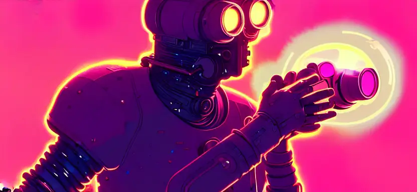 cell shaded full body shot of a shiny golden cybernetic soldier with glowing eyes looking through binoculars, llustration, post grunge, pink glowing volumetric lighting, engulfed in smoke and fog, concept art by josan gonzales and wlop, by james jean, Victo ngai, David Rubín, Mike Mignola, Laurie Greasley, highly detailed, sharp focus,alien,Trending on Artstation, HQ, deviantart, art by artgem