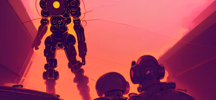 cell shaded full body shot of a shiny golden cybernetic soldier with glowing eyes loading cargo, heavy boxes, cargo load, llustration, post grunge, pink glowing volumetric lighting, engulfed in smoke and fog, concept art by josan gonzales and wlop, by james jean, Victo ngai, David Rubín, Mike Mignola, Laurie Greasley, highly detailed, sharp focus,alien,Trending on Artstation, HQ, deviantart, art by artgem