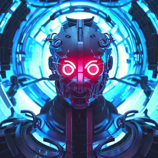 cyber punk, oni mask, 3 d render beeple, portrait, japanese neon red kanji, male anime character, unreal engine render, intricate abstract, sparking hornwort, broken robot, intricate artwork, beeple, octane render, epcot, shadows of colossus, glitch art, glitchcore, organic, forest druid, hellscape, futurescape, trending on artstation, greg rutkowski very coherent symmetrical artwork. cinematic, key art, hyper realism, high detail, octane render, 8 k, iridescent accents, albedo from overlord, the library of gems, intricate abstract. intricate artwork, by tooth wu, wlop, beeple, dan mumford. concept art, octane render, trending on artstation, greg rutkowski very coherent symmetrical artwork. cinematic, key art, hyper realism, high detail, octane render, 8 k, iridescent accents