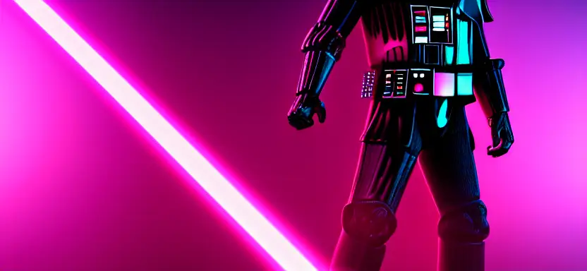 cell shaded full body cyberpunk darth vader with pink volumetric lighting, with glowing light saber, post grunge, heavy texture, octane render, 8k, iridescent accents, trending on artstation