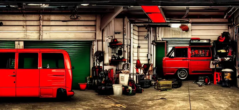 A high contrast garage workshop of a mechanic, rich red and green light, hazy atmospheric interior, lots of collected items and vehicle parts with a van under construction, style, rich colours, wide angle lens, sunset, heavy atmospheric, Artstation trending