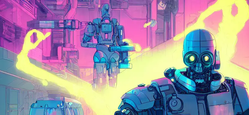 cell shaded, long, full body, shot of a cybernetic blue soldier with glowing pink eyes, llustration, post grunge, cinebatic dramatic atmosphere, sharp focus, pink glowing volumetric lighting, concept art by josan gonzales and wlop, by james jean, Victo ngai, David Rubín, Mike Mignola, Laurie Greasley, highly detailed, sharp focus,alien,Trending on Artstation, HQ, deviantart, art by artgem