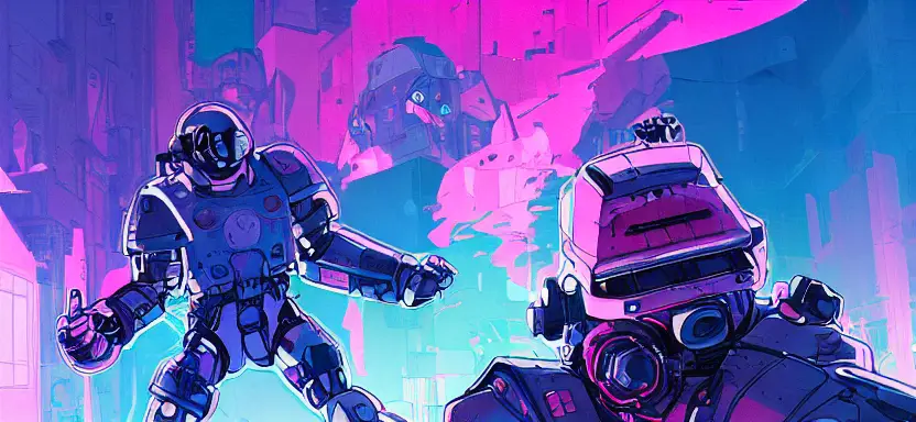 cell shaded, long, full body, shot of a cybernetic blue soldier with glowing pink eyes, llustration, post grunge, cinebatic dramatic atmosphere, sharp focus, pink glowing volumetric lighting, concept art by josan gonzales and wlop, by james jean, Victo ngai, David Rubín, Mike Mignola, Laurie Greasley, highly detailed, sharp focus,alien,Trending on Artstation, HQ, deviantart, art by artgem