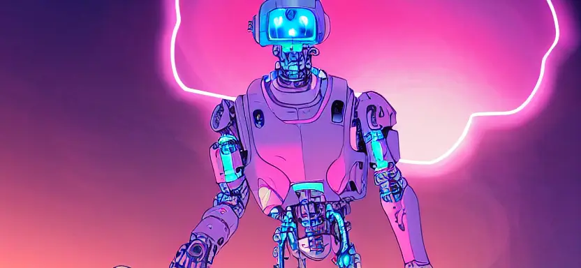 cell shaded, long, full body, shot of a cybernetic blue soldier with glowing pink eyes, llustration, post grunge, 4 k, warm colors, cinematic dramatic atmosphere, sharp focus, pink glowing volumetric lighting, concept art by josan gonzales and wlop, by james jean, Victo ngai, David Rubín, Mike Mignola, Laurie Greasley, highly detailed, sharp focus,alien,Trending on Artstation, HQ, deviantart, art by artgem