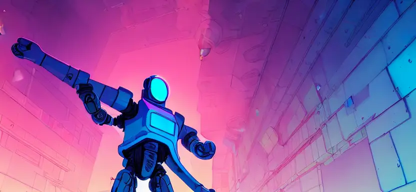 cell shaded, long, full body, shot of a cybernetic blue soldier with glowing pink eyes, llustration, post grunge, 4 k, warm colors, cinematic dramatic atmosphere, sharp focus, pink glowing volumetric lighting, concept art by josan gonzales and wlop, by james jean, Victo ngai, David Rubín, Mike Mignola, Laurie Greasley, highly detailed, sharp focus,alien,Trending on Artstation, HQ, deviantart, art by artgem