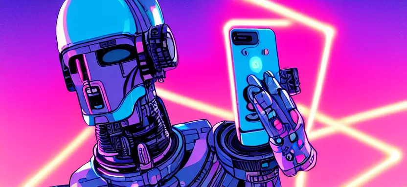 cell shaded, long, full body, shot of a cybernetic blue soldier with glowing pink eyes looking into a selfie camera with ring light, llustration, post grunge, 4 k, warm colors, cinematic dramatic atmosphere, sharp focus, pink glowing volumetric lighting, concept art by josan gonzales and wlop, by james jean, Victo ngai, David Rubín, Mike Mignola, Laurie Greasley, highly detailed, sharp focus,alien,Trending on Artstation, HQ, deviantart, art by artgem