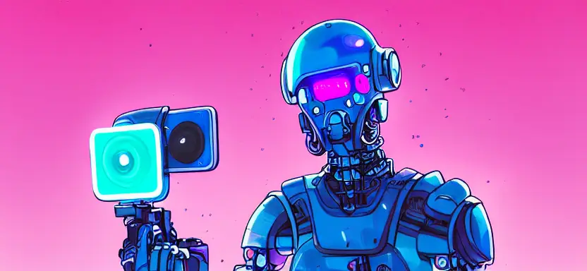 "cell shaded, long, full body, shot of a cybernetic blue soldier with glowing pink eyes looking into a selfie camera with ring light, llustration, post grunge, 4 k, warm colors, cinematic dramatic atmosphere, sharp focus, pink glowing volumetric lighting, concept art by josan gonzales and wlop, by james jean, Victo ngai, David Rubín, Mike Mignola, Laurie Greasley, highly detailed, sharp focus,alien,Trending on Artstation, HQ, deviantart, art by artgem" -s50 -W832 -H416 -C12.0 -Ak_lms -S373882614 