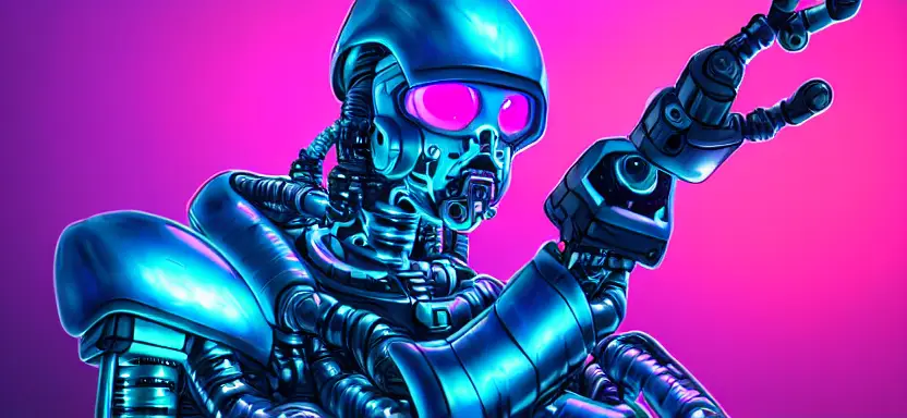 cell shaded, long, full body, shot of a cybernetic blue soldier with glowing pink eyes looking streaming on twitch, green screen, camera, gaming pc, ring lights, llustration, post grunge, 4 k, warm colors, cinematic dramatic atmosphere, sharp focus, pink glowing volumetric lighting, concept art by josan gonzales and wlop, by james jean, Victo ngai, David Rubín, Mike Mignola, Laurie Greasley, highly detailed, sharp focus,alien,Trending on Artstation, HQ, deviantart, art by artgem
