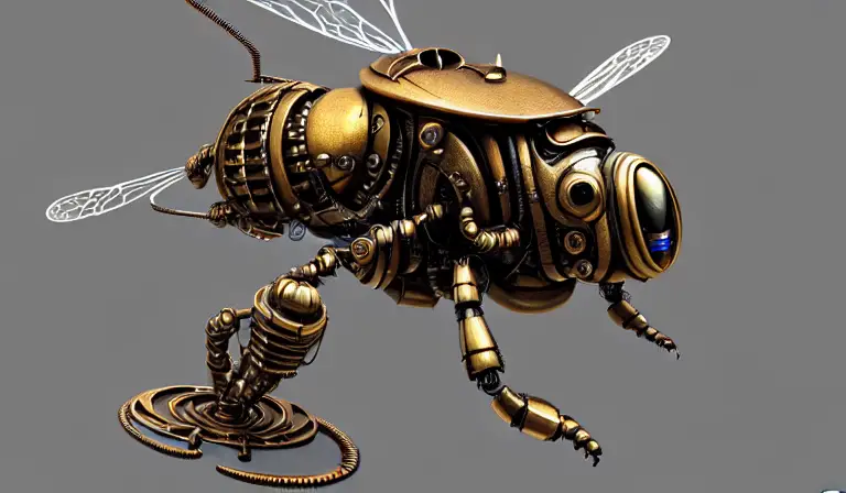 steampunk robot bee, 3 d model, unreal engine realistic render, 8 k, micro detail, intricate, elegant, highly detailed, centered, digital painting, artstation, smooth, sharp focus, illustration, artgerm, tomasz alen kopera, peter mohrbacher, donato giancola, joseph christian leyendecker, wlop, boris vallejo