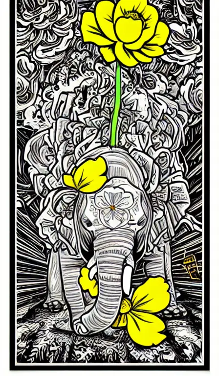 colorful!!!!!!!, mcbess poster , diamond elephant saving the earth with a yellow carnation flower in its trunk