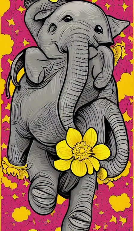 colorful!!!!!!!, mcbess poster , baby elephant saving the earth with a yellow carnation flower in its trunk