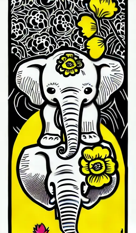 colorful!!!!!!!, mcbess poster , baby elephant saving the earth with a yellow carnation flower in its trunk