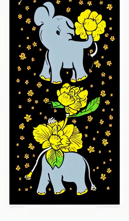 jjkkcolorful!!!!!!!, mcbess poster , baby elephant saving the earth with a yellow carnation flower in its trunk