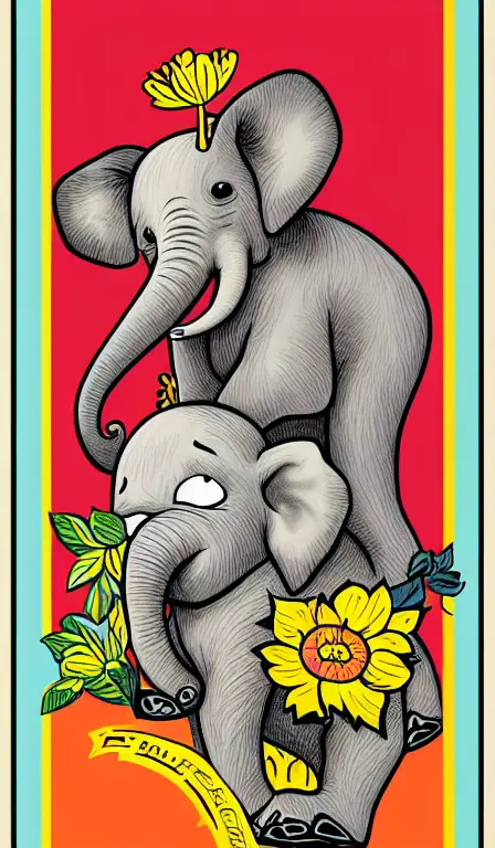 colorful!!!!!!!, mcbess poster , baby elephant saving the earth with a yellow carnation flower in its trunk, flowing thread