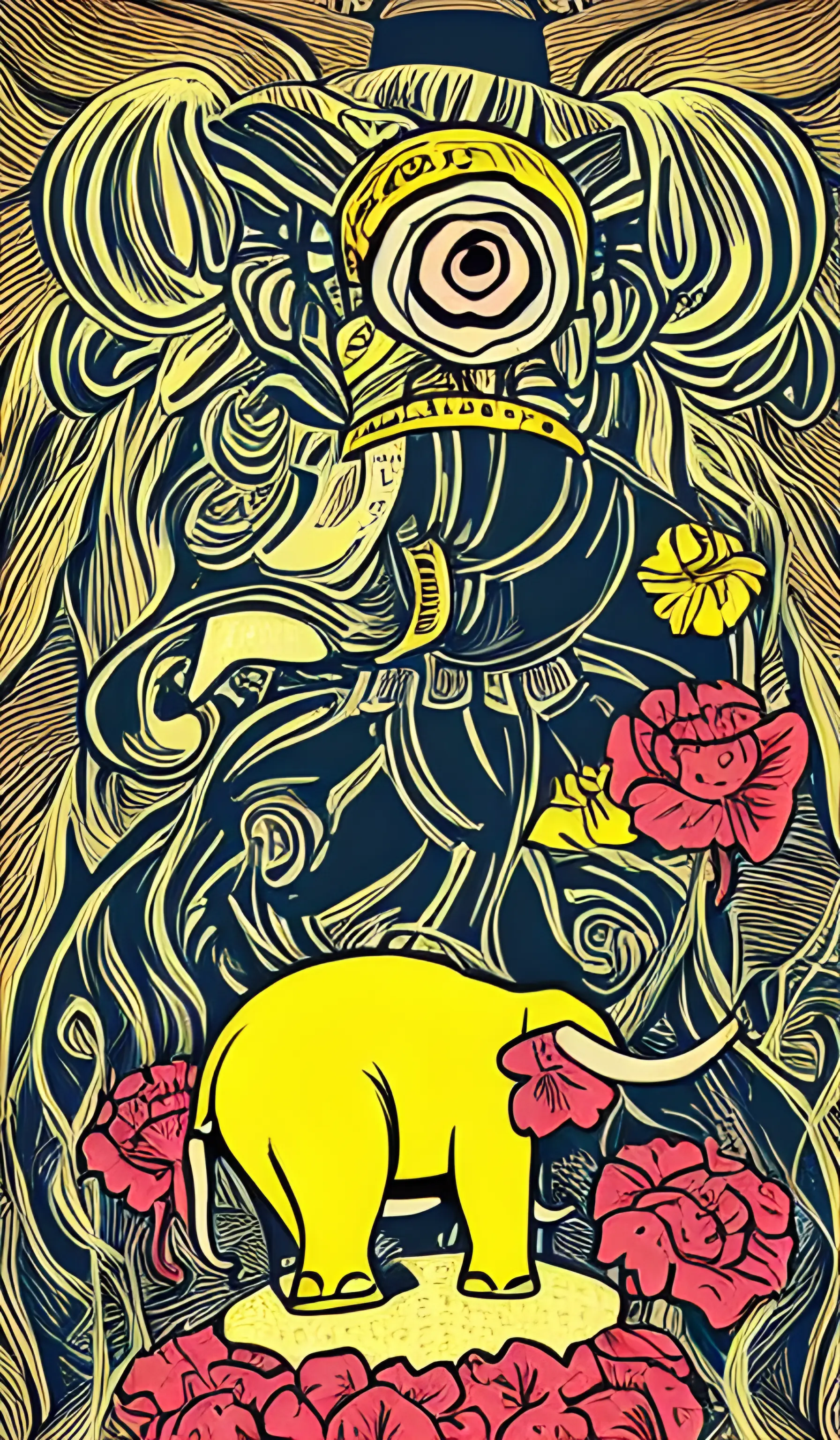 jjkkcolorful!!!!!!!, mcbess poster , baby elephant saving the earth with a yellow carnation flower in its trunk