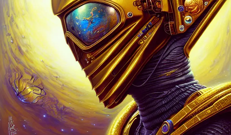 astronaut, wearing a golden armor with norse and hip-hop jewelry by alex gray and android jones, karol bak, ayami kojima, amano, moebius, concept art, character design, fantasy, 3 d, 8 k resolution