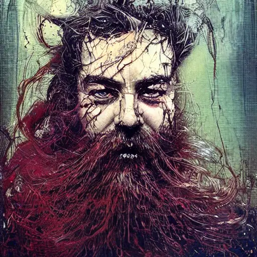 hyperrealistic portrait of a mysterious dwarf with long flowing beard, by Guy Denning, Russ Mills, beautiful, elusive, glitch art, hacking effects, glitch effects, brown eyes, digital tech effects, cybernetics, detailed lines, intricate detail, holographic, polished, chromatic, clear, color blocking, acrylic on canvas, octane, concept art, abstract, red face, front view, 8k, cgsociety, trending on artstation