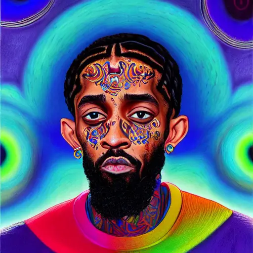 An extremely psychedelic portrait of Nipsey Hussle, surreal, LSD, face, detailed, intricate, elegant, lithe, highly detailed, digital painting, artstation, concept art, smooth, sharp focus, illustration