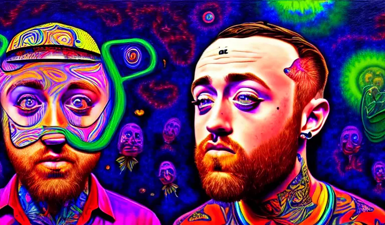 An extremely psychedelic portrait of Mac Miller, surreal, LSD, face, detailed, intricate, elegant, lithe, highly detailed, digital painting, artstation, concept art, smooth, sharp focus, illustration