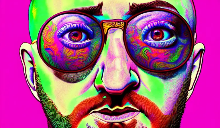 An extremely psychedelic portrait of Mac Miller, surreal, LSD, face, detailed, intricate, elegant, lithe, highly detailed, digital painting, artstation, concept art, smooth, sharp focus, illustration