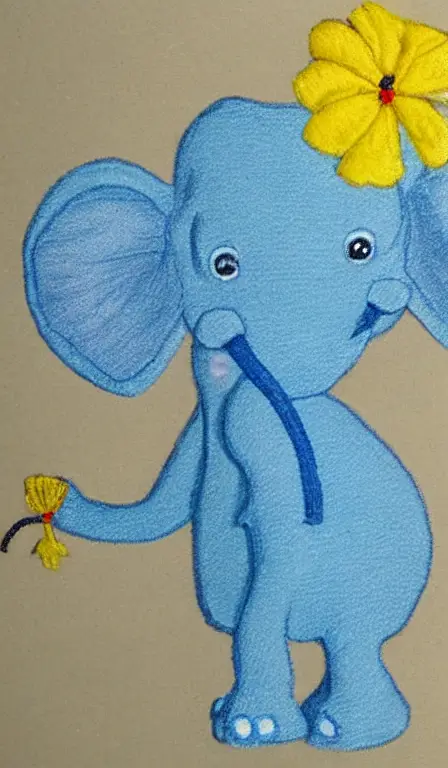 a baby blue elephant drawn with thread rolling off of a spool, with a yellow carnation in its ear