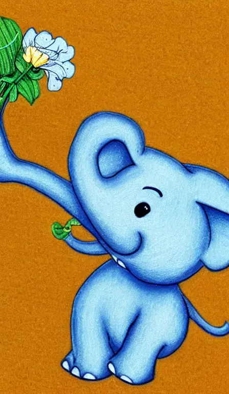a baby blue elephant drawn with thread rolling off of a spool, with a yellow carnation in its ear