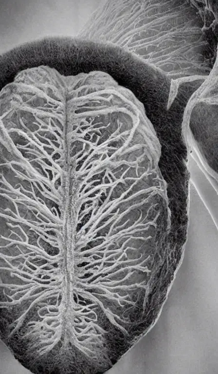 A real lung ct scan, medical image, highly detailed, sharp focus, black and white, soft focus, made of fluffy hyperrealistic yarn showing nerves and vessels realistic, one lung has a cancer growing black death inside