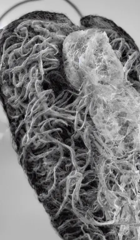 A real lung ct scan, medical image, highly detailed, sharp focus, black and white, soft focus, made of fluffy hyperrealistic yarn showing nerves and vessels realistic, one lung has a cancer growing black death inside