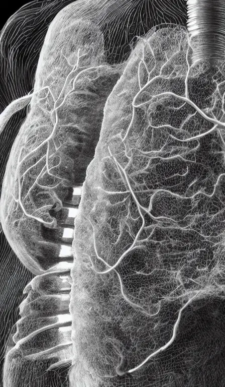 A real lung ct scan, made of thread, medical image, highly detailed, sharp focus, black and white, soft focus, made of fluffy hyperrealistic yarn showing nerves and vessels realistic, one lung has a cancer growing black death inside