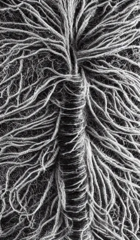 A real lung ct scan, made of thread, medical image, highly detailed, sharp focus, black and white, soft focus, made of fluffy hyperrealistic yarn showing nerves and vessels realistic, one lung has a cancer growing black death inside