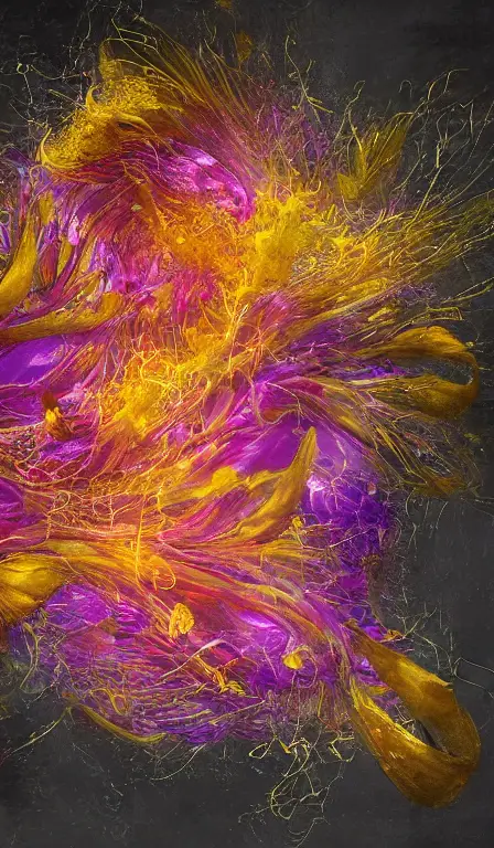 Detailed rendering and digital dynamic painting of zingiber officinale rhizome falling all around, vibrant and vivid, smooth, soft, dark, bright, heavenly, elegant, swirls, twirling, twisted, cinematic, unreal, high contrast, hdr, 4k, artstation, cgsociety, magical, mystical, mystifying, obscure, perplexing, zbrush, octane, hyperrealistic, duotone