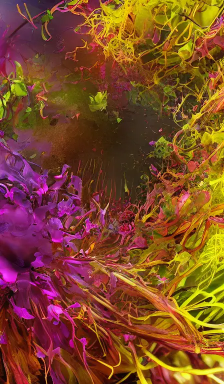Detailed rendering and digital dynamic painting of zingiber officinale rhizome falling all around, vibrant and vivid, smooth, soft, dark, bright, heavenly, elegant, swirls, twirling, twisted, cinematic, unreal, high contrast, hdr, 4k, artstation, cgsociety, magical, mystical, mystifying, obscure, perplexing, zbrush, octane, hyperrealistic, duotone