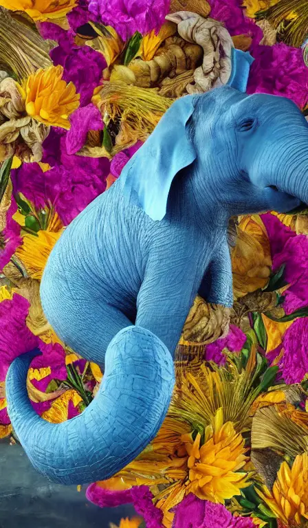 Detailed rendering of a blue elephant wearing a yellow carnation and digital dynamic painting of zingiber officinale rhizome falling all around, vibrant and vivid, smooth, soft, dark, bright, heavenly, elegant, swirls, twirling, twisted, cinematic, unreal, high contrast, hdr, 4k, artstation, cgsociety, magical, mystical, mystifying, obscure, perplexing, zbrush, octane, hyperrealistic, duotone