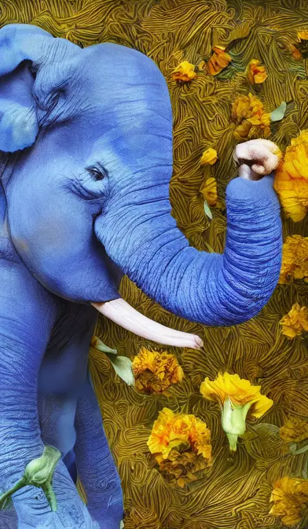 Detailed rendering of a blue elephant wearing a yellow carnation and digital dynamic painting of zingiber officinale rhizome falling all around, vibrant and vivid, smooth, soft, dark, bright, heavenly, elegant, swirls, twirling, twisted, cinematic, unreal, high contrast, hdr, 4k, artstation, cgsociety, magical, mystical, mystifying, obscure, perplexing, zbrush, octane, hyperrealistic, duotone