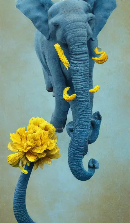 Detailed rendering of a blue elephant wearing a yellow carnation and digital dynamic greg rutkowski painting of zingiber officinale rhizome falling all around, vibrant and vivid, smooth, soft, dark, bright, heavenly, elegant, swirls, twirling, twisted, cinematic, unreal, high contrast, hdr, 4k, artstation, cgsociety, magical, mystical, mystifying, obscure, perplexing, zbrush, octane, hyperrealistic, duotone