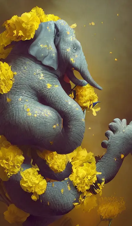 Detailed rendering of a blue elephant wearing a yellow carnation and caring deeply for its pink baby digital dynamic greg rutkowski painting of zingiber officinale rhizome falling all around, vibrant and vivid, smooth, soft, dark, bright, heavenly, elegant, swirls, twirling, twisted, cinematic, unreal, high contrast, hdr, 4k, artstation, cgsociety, magical, mystical, mystifying, obscure, perplexing, zbrush, octane, hyperrealistic, duotone