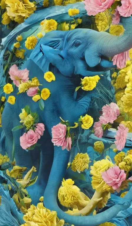 Detailed rendering of a blue elephant wearing a yellow carnation and caring deeply for its pink baby digital dynamic greg rutkowski painting of zingiber officinale rhizome falling all around, vibrant and vivid, smooth, soft, dark, bright, heavenly, elegant, swirls, twirling, twisted, cinematic, unreal, high contrast, hdr, 4k, artstation, cgsociety, magical, mystical, mystifying, obscure, perplexing, zbrush, octane, hyperrealistic, duotone