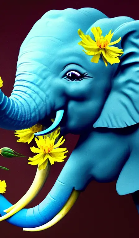 Detailed rendering of a blue elephant wearing a yellow carnation and digital dynamic greg rutkowski painting of zingiber officinale rhizome falling all around, vibrant and vivid, smooth, soft, dark, bright, heavenly, elegant, swirls, twirling, twisted, cinematic, unreal, high contrast, hdr, 4k, artstation, cgsociety, magical, mystical, mystifying, obscure, perplexing, zbrush, octane, hyperrealistic, duotone