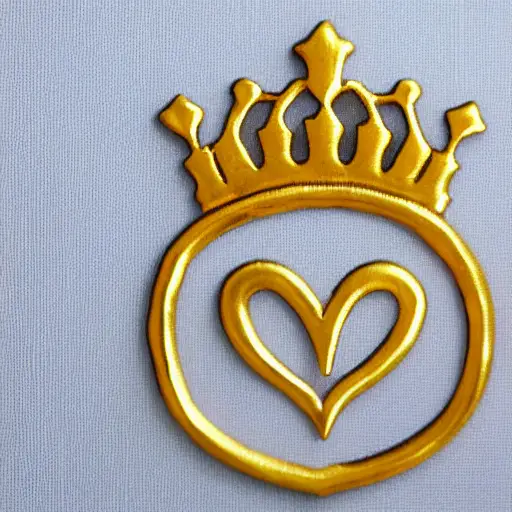 Create a hightly detailed regal gold emblem of a heart with a crown, on a white background
