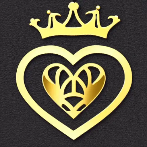 Create a hightly detailed regal gold emblem of a heart with a crown, on a white background