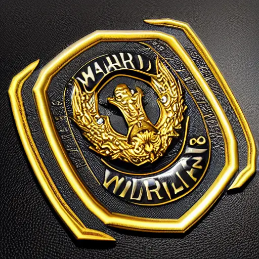 Warlord badge made with gold leather and metal, military style, ultra realistic, ultra detailed textures, 3d, 8k