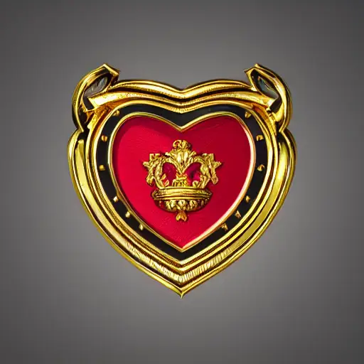 royal badge made with gold leather and metal, in the shape of a heart, military style, ultra realistic, ultra detailed textures, 3d, 8k