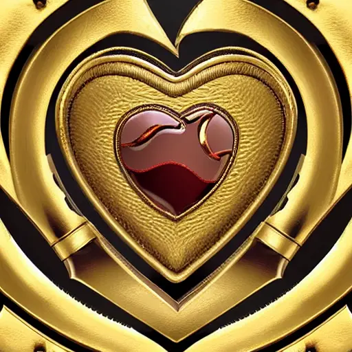 royal badge made with gold leather and metal, in the shape of a heart, military style, ultra realistic, ultra detailed textures, 3d, 8k