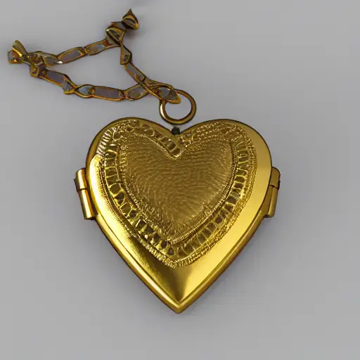 royal locket made with gold leather and metal, in the shape of a heart, military style, ultra realistic, ultra detailed textures, on a white background, 3d, 8k