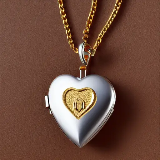 royal locket made with gold leather and metal, in the shape of a heart, military style, ultra realistic, ultra detailed textures, on a white background, 3d, 8k